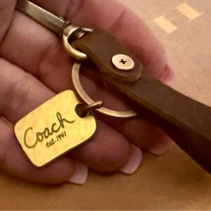 Coach Brass Gold Hammered Brown Vegan Leather Loop Keychain Fob Bag Charm